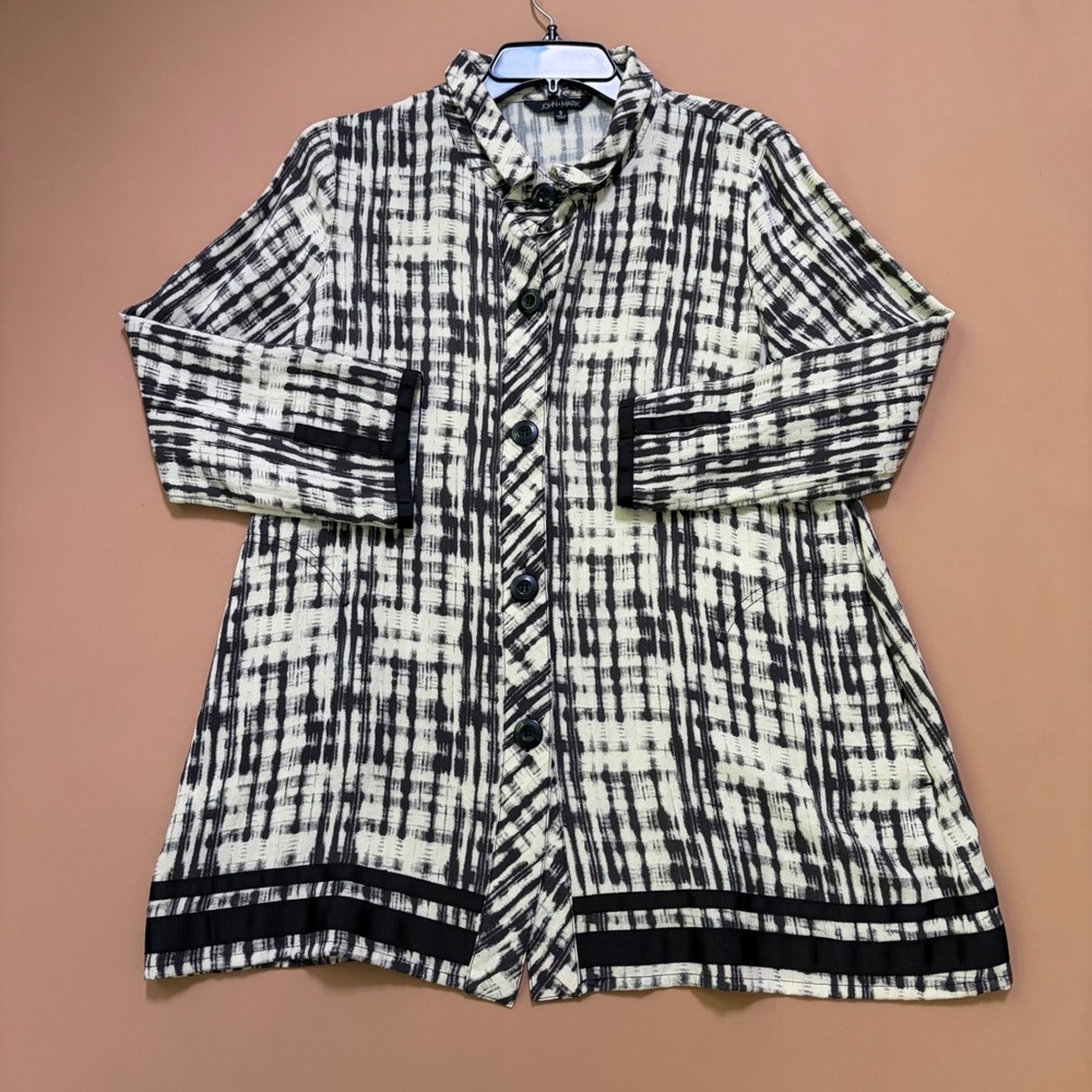 John Mark Womens Black Ivory Abstract Grid Print Button Front Tunic Top Small